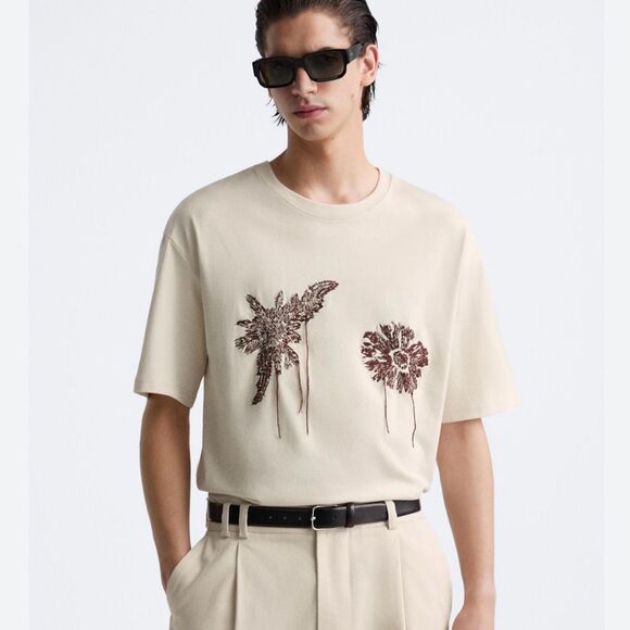 ZARA Men's XL Beige Floral Print Short Sleeve Crew Neck T-Shirt - Picture 1 of 7